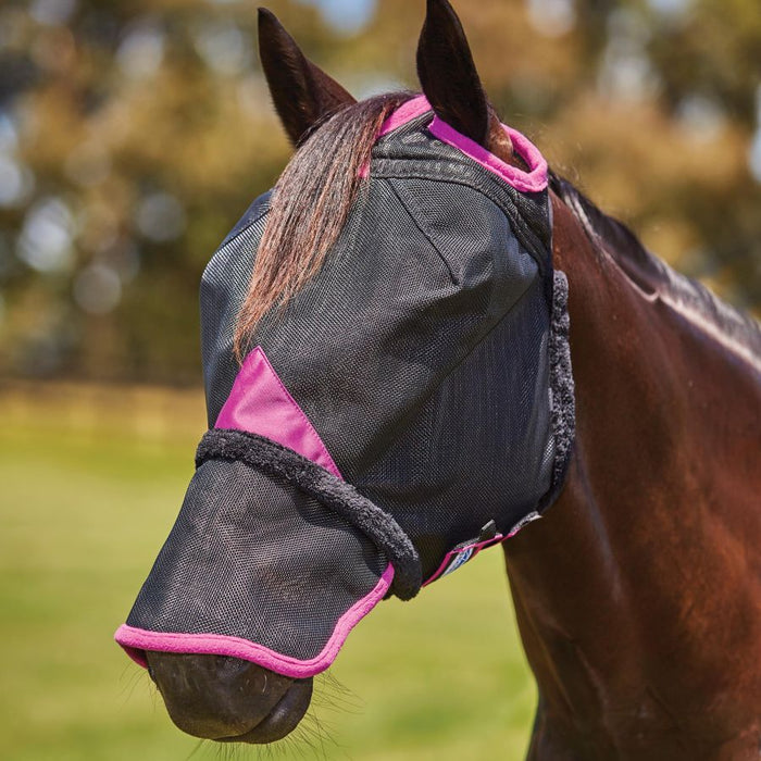 WeatherBeeta ComFiTec Deluxe Durable Mesh Fly Mask With Nose in Black with Purple Trim