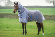WeatherBeeta ComFiTec Ripshield Plus With Belly Wrap Detach-A-Neck Fly Sheet (No Fill) in White with Blue - Horse Standing in Field