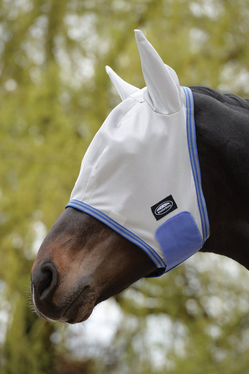WeatherBeeta ComFiTec Airflow Fly Mask in White with Blue and Gray Trim - On Horse