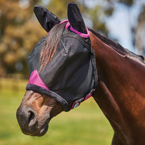 WeatherBeeta ComFiTec Deluxe Durable Mesh Fly Mask With Ears in Black with Purple Trim