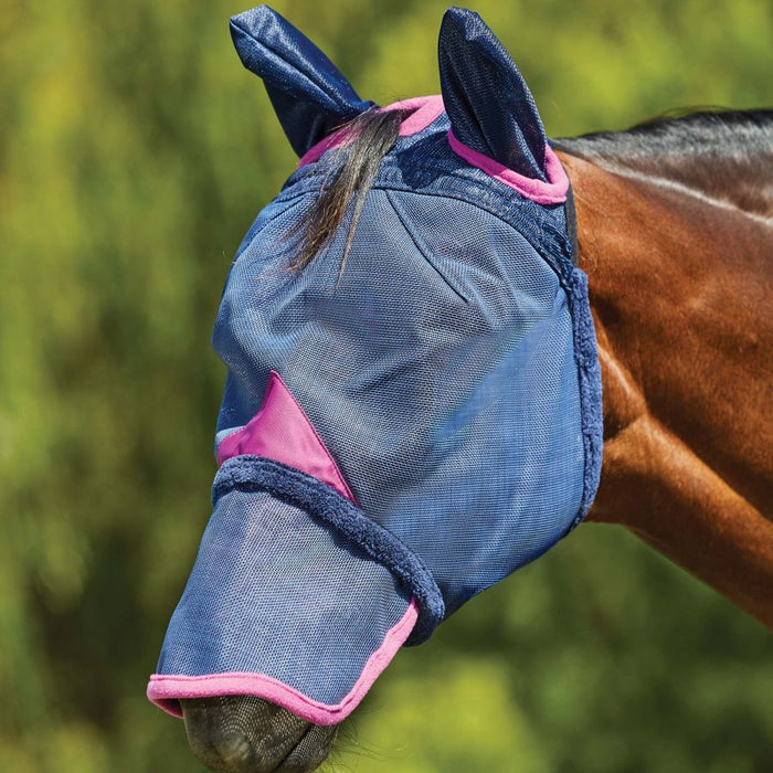 WeatherBeeta ComFiTec Deluxe Durable Mesh Fly Mask With Ears And Nose in Navy with Purple Trim