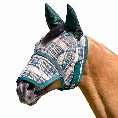 Kensington Fly Mask with Soft Mesh Ears, Removable Nose & Forelock Hole in Deluxe Hunter Plaid