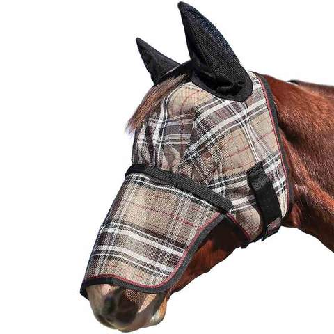 Kensington Fly Mask with Soft Mesh Ears, Removable Nose & Forelock Hole in Deluxe Black Plaid