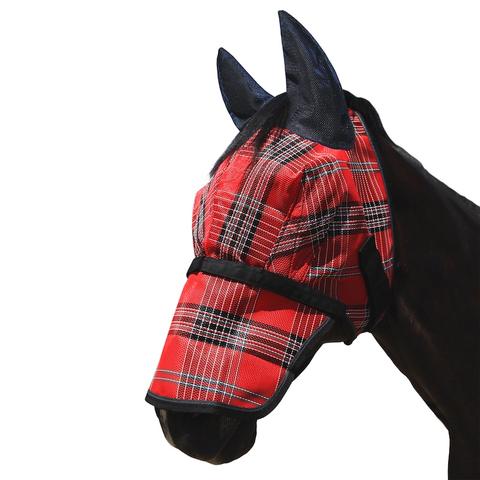 Kensington Fly Mask with Soft Mesh Ears, Removable Nose & Forelock Hole in Deluxe Red Plaid