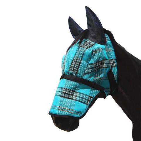 Kensington Fly Mask with Soft Mesh Ears, Removable Nose & Forelock Hole in Black Ice Plaid