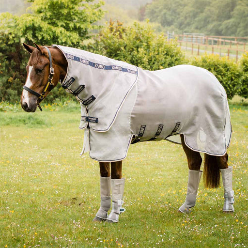 Rambo Protector Fly Sheet (No Fill + Hood) in Silver with Navy, White and Beige Trim - On horse, sideview