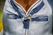 Rambo Protector Fly Sheet (No Fill + Hood) in Silver with Navy, White and Beige Trim - Closeup of front closure