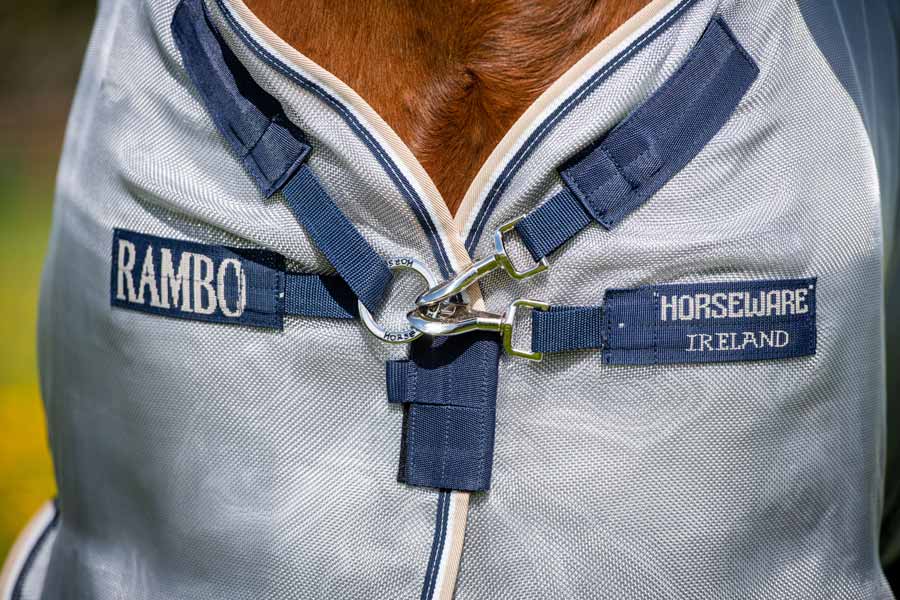 Rambo Protector Fly Sheet (No Fill + Hood) in Silver with Navy, White and Beige Trim - Closeup of front closure