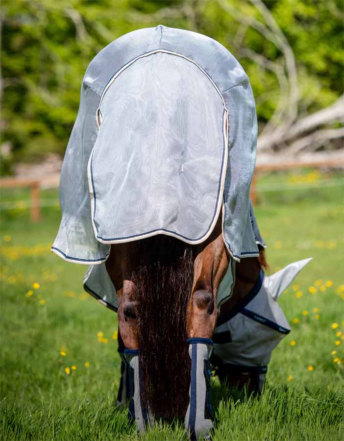 Rambo Protector Fly Sheet (No Fill + Hood) in Silver with Navy, White and Beige Trim - Closeup of tail flap