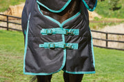 WeatherBeeta Green-Tec 900D Plus Standard Neck Turnout Blanket (50g Medium-Lite) in Black with Bottle Green Trim - Front Closure