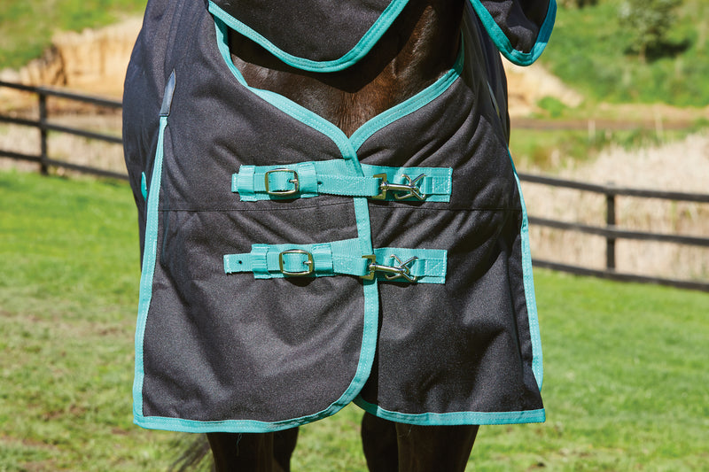 WeatherBeeta Green-Tec 900D Plus Standard Neck Turnout Blanket (50g Medium-Lite) in Black with Bottle Green Trim - Front Closure