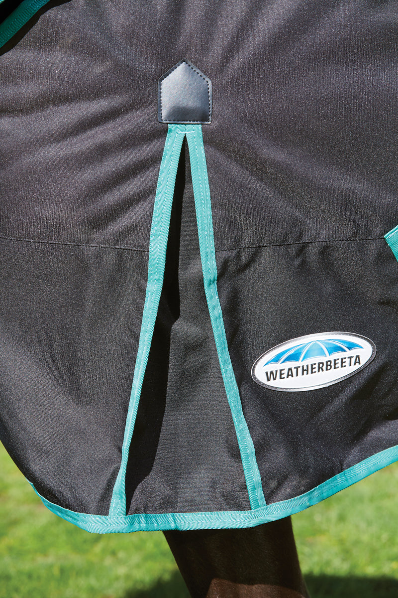 WeatherBeeta Green-Tec 900D Plus Standard Neck Turnout Blanket (50g Medium-Lite) in Black with Bottle Green Trim - Shoulder Gusset