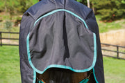 WeatherBeeta Green-Tec 900D Plus Standard Neck Turnout Blanket (50g Medium-Lite) in Black with Bottle Green Trim - Large Tail Flap