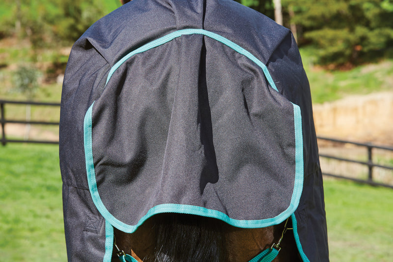 WeatherBeeta Green-Tec 900D Plus Standard Neck Turnout Blanket (50g Medium-Lite) in Black with Bottle Green Trim - Large Tail Flap