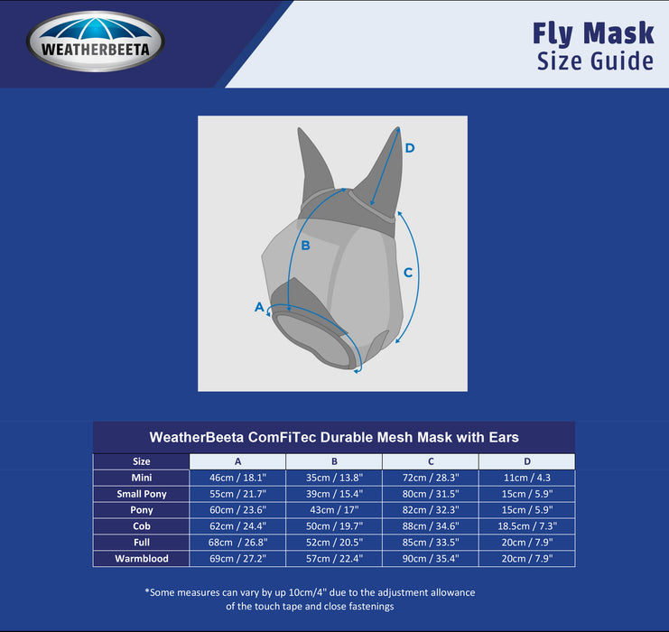 WeatherBeeta ComFiTec Deluxe Durable Mesh Fly Mask With Ears Size Guide