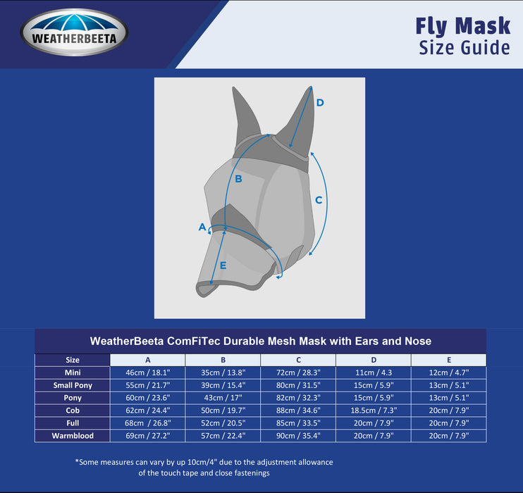 WeatherBeeta ComFiTec Deluxe Durable Mesh Fly Mask With Ears And Nose Size Guide