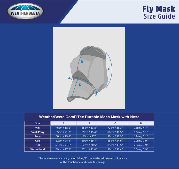 WeatherBeeta ComFiTec Deluxe Durable Mesh Fly Mask With Nose Size Guide
