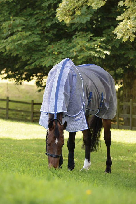 WeatherBeeta ComFiTec Ripshield Plus With Belly Wrap Detach-A-Neck Fly Sheet (No Fill) in White with Blue - Horse Grazing