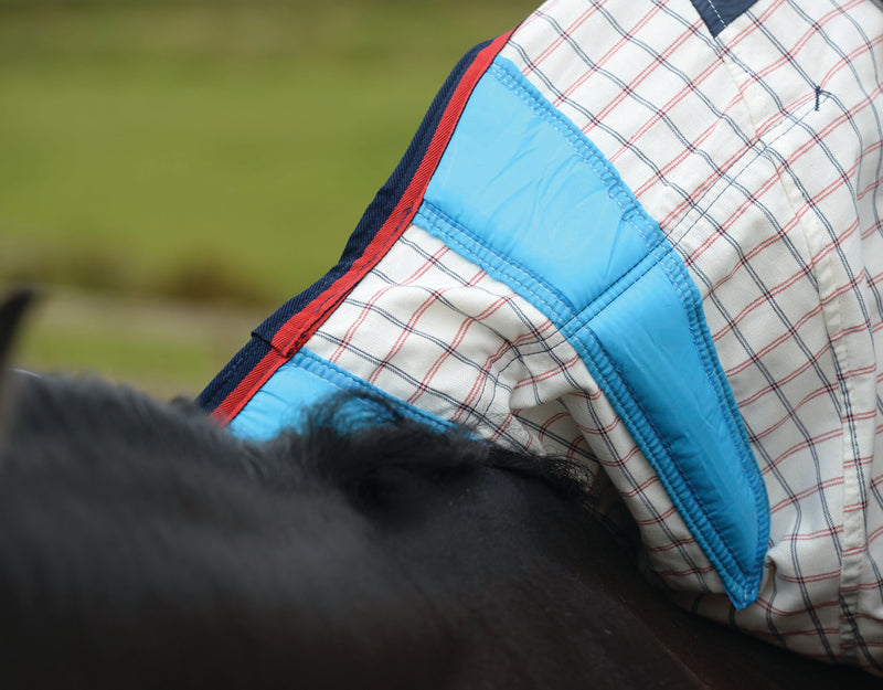 WeatherBeeta Breeze With Surcingle IV Combo Neck Summer Sheet (No Fill) in White with Navy and Red Trim - Wither Relief Pad