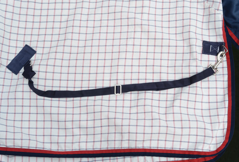 WeatherBeeta Breeze With Surcingle IV Combo Neck Summer Sheet (No Fill) in White with Navy and Red Trim - Removable and Adjustable Leg Straps