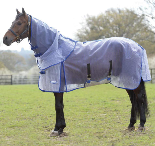 WeatherBeeta ComFiTec Ripshield Plus With Belly Wrap Detach-A-Neck Fly Sheet (No Fill) in White with Blue - Horse in Field