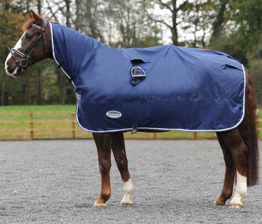 WeatherBeeta Rain Sheet (No Fill) in Navy with Gray and White Trim - On Horse with Saddle Underneath