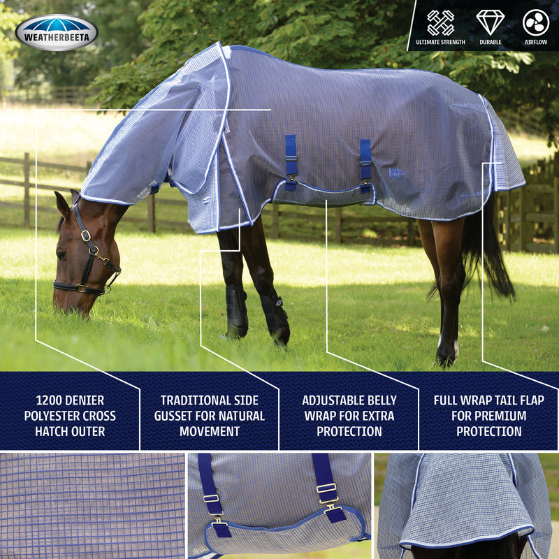 WeatherBeeta ComFiTec Ripshield Plus Detach-A-Neck Fly Sheet (No Fill + Belly Wrap) in White with Blue Trim - Infographic