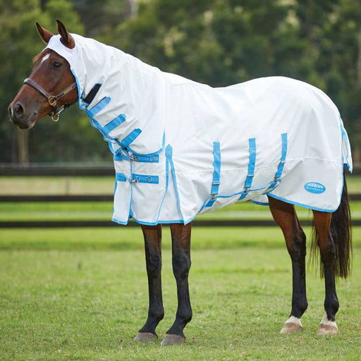 WeatherBeeta ComFiTec Sweet Itch Shield Combo Neck Summer Sheet (No Fill) in White (Blue Trim) - On horse from side