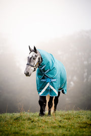 Amigo Bravo 12 Plus Turnout (100g Medium-Lite, Disc Front Closure) - Storm Green with Turquoise and Aqua Trim