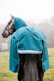 Amigo Bravo 12 Plus Turnout (100g Medium-Lite, Disc Front Closure) - Storm Green with Turquoise and Aqua Trim