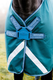 Amigo Bravo 12 Plus Turnout (100g Medium-Lite, Disc Front Closure) - Storm Green with Turquoise and Aqua Trim