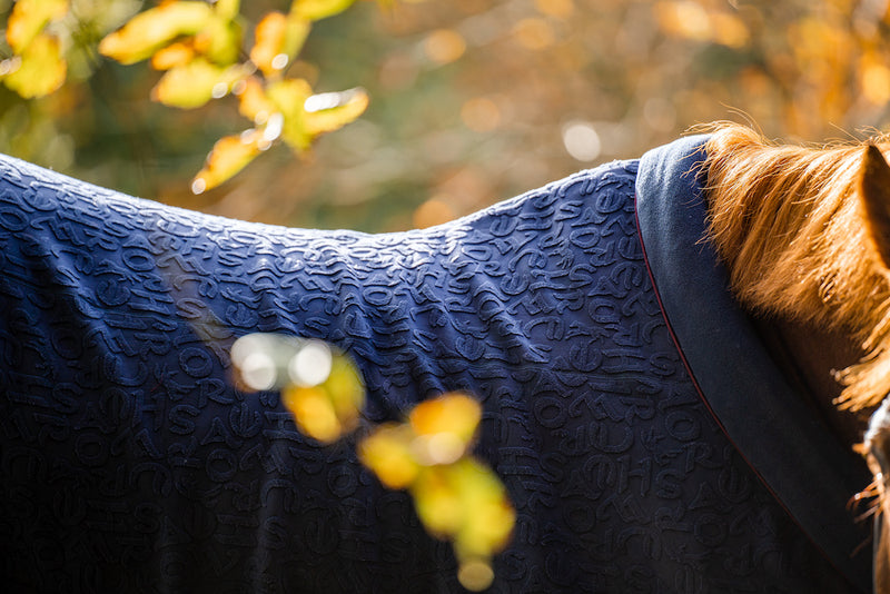 Horseware Cozy Neck Fleece Cooler (No fill, Embossed) - Navy Horseware Print with Burgundy and White Trim