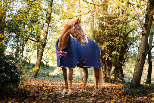 Horseware Cozy Neck Fleece Cooler (No fill, Embossed) - Navy Horseware Print with Burgundy and White Trim
