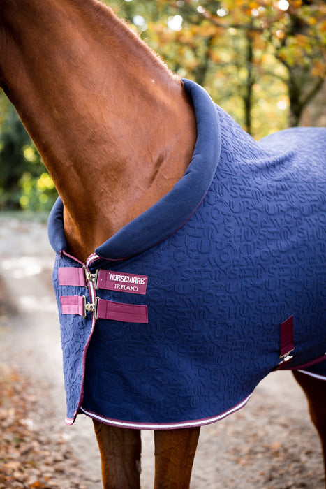 Horseware Cozy Neck Fleece Cooler (No fill, Embossed) - Navy Horseware Print with Burgundy and White Trim
