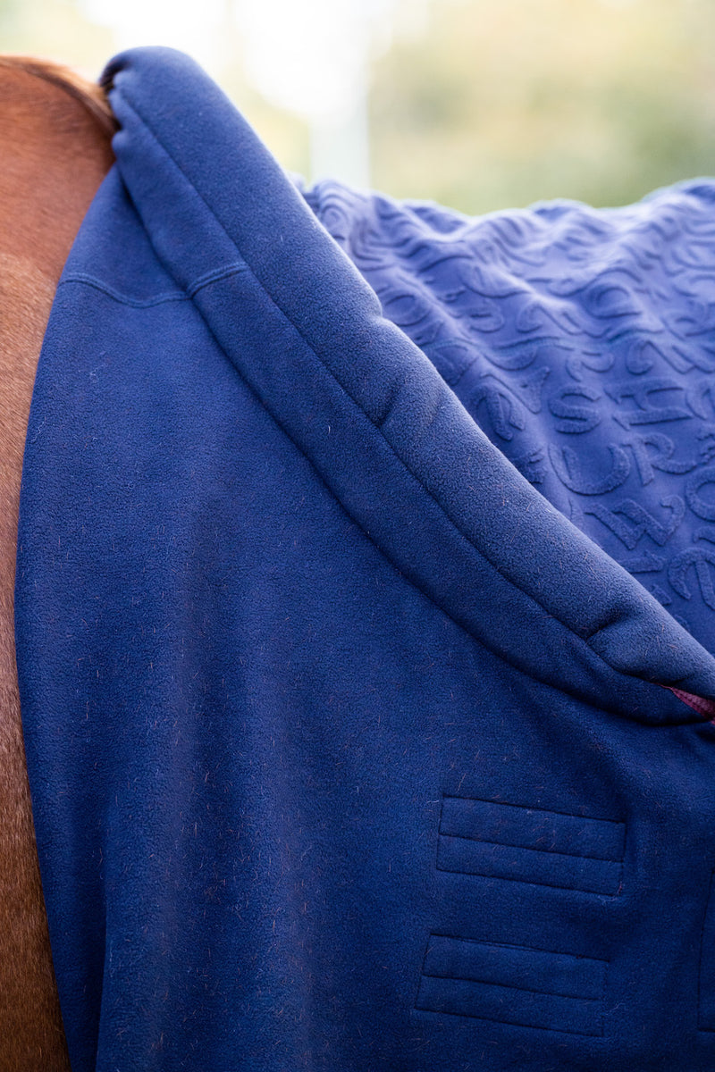 Horseware Cozy Neck Fleece Cooler (No fill, Embossed) - Navy Horseware Print with Burgundy and White Trim