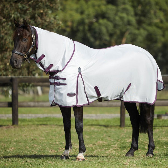 WeatherBeeta ComFiTec Essential Mesh II Combo Neck Fly Sheet (No Fill) - White with Maroon & Gray Trim on Horse
