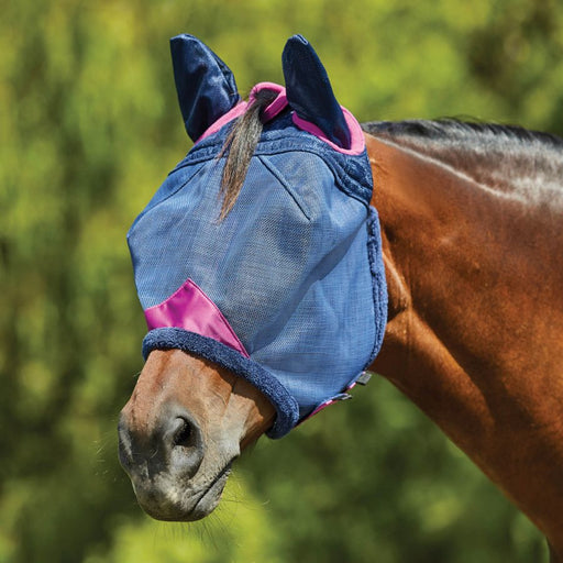 WeatherBeeta ComFiTec Deluxe Durable Mesh Fly Mask With Ears in Navy with Purple Trim