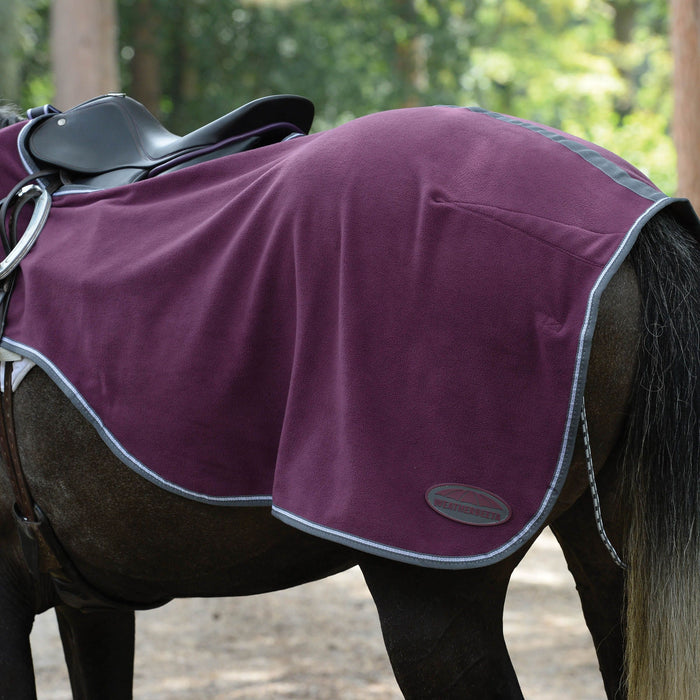 WeatherBeeta Anti-Static Fleece Quarter Sheet (No Fill) in Maroon with Gray and White Trim - Rear of Horse