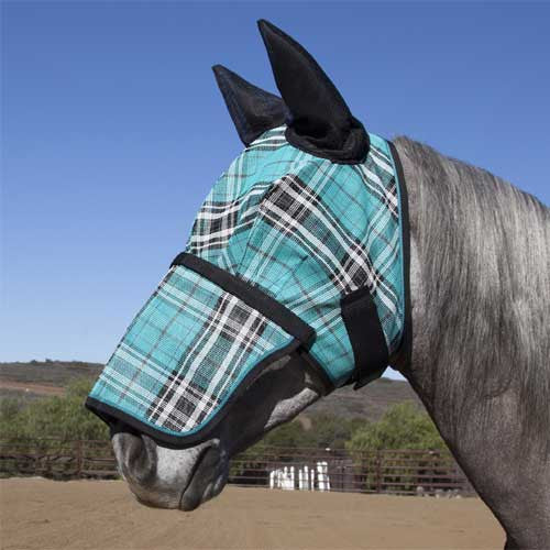 Kensington Fly Mask with Ears and Removable Nose in Black Ice Plaid